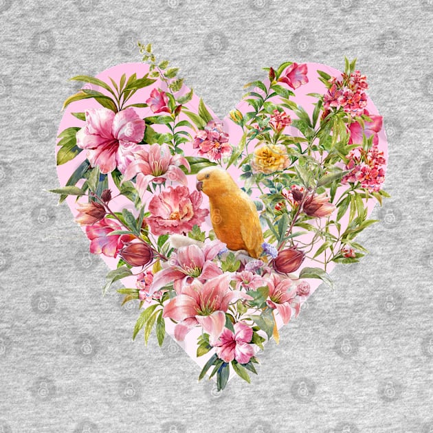 Pink Floral Heart with Yellow Parrot by Biophilia